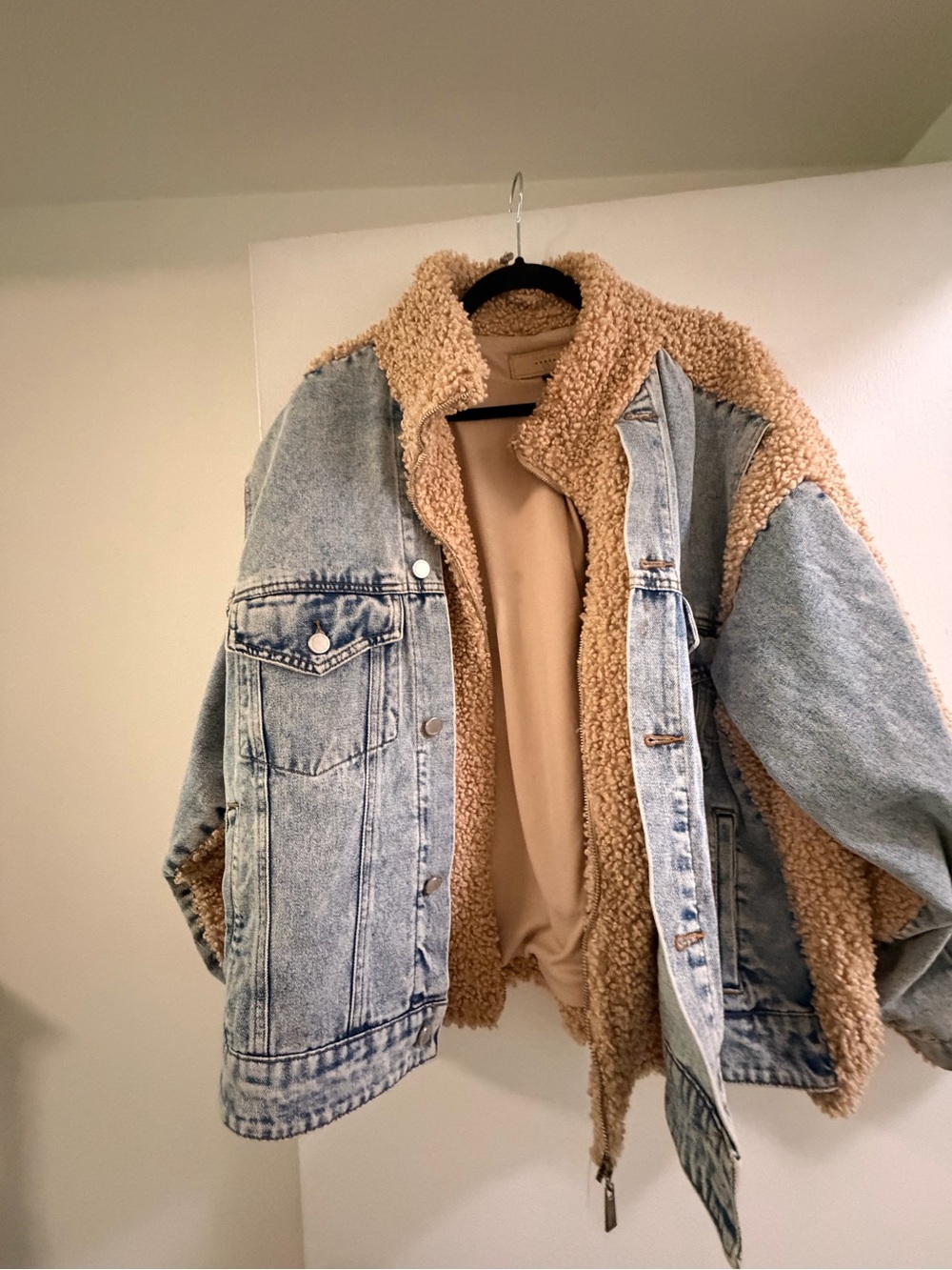 Blank NYC Light Blue Denim Jacket with Tan Sherpa Lining